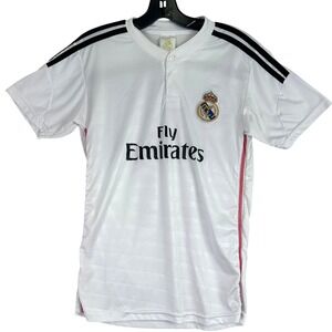 Real Madrid Fly Emirates Soccer Jersey Mens S White Henley Sportswear Blokecore